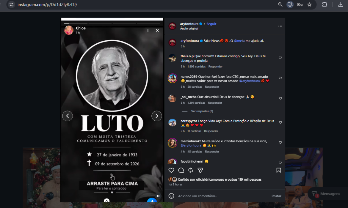 Fake news sobre Ary Fontoura anuncia falsa morte.