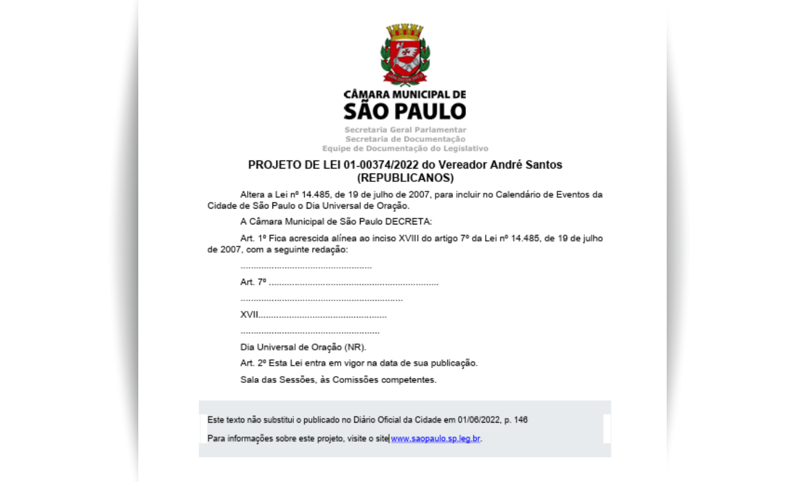 Dia Universal de Ora&ccedil;&atilde;o passa a integrar calend&aacute;rio de SP